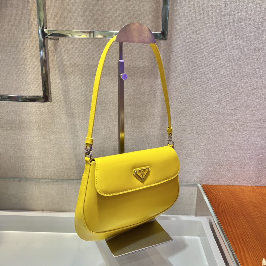 Prada Cleo Brushed Leather Shoulder Bag With Flap Yellow 1BD311